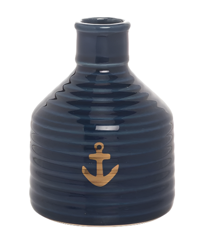 A small blue vase with a golden anchor in the center.