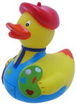 A rubber duck with a red beret, a navy-blue scarf, a light blue apron, and a paint palette. The tip of its tail is orange.