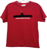 Red youth t-shirt with image of Submarine Becuna and that text below
