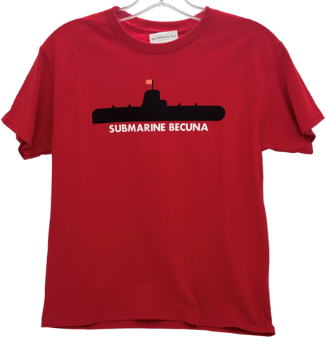 Red youth t-shirt with image of Submarine Becuna and that text below