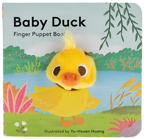 A book cover showing a lake with greenery and other plants around it. In the center is a yellow duck standing on the grass. Its face pops out of the book and is yellow and fuzzy. The title of the book reads "Baby Duck Finger Puppet Book." The bottom of the book reads "Illustrated by Yu-Hsuan Huang." 