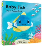 A book cover showing an ocean scene with seaweed, coral, and clams along a sandy floor. There are some fish in the background and then a large blue and yellow fish in the center. Its face pops out of the book and is blue and yellow and fuzzy. The title reads "Baby Fish Finger Puppet Book." The bottom reads "Illustrated by Yu-Hsuan Huang." 