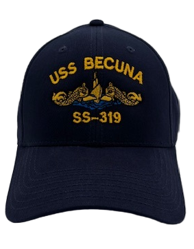 Navy blue cap with yellow text and emblem of Submarine Becuna