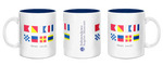 Three white mugs with blue interior, featuring nautical signal flags and text on a white background.