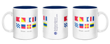 Three white mugs with blue interior, featuring nautical signal flags and text on a white background.