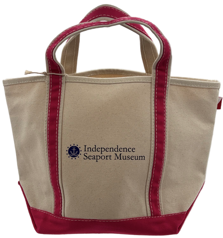 Beige tote bag with pink details and Independence Seaport Museum logo  in blur