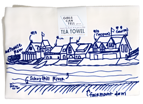 A tea towel showing a row of boathouses in a sketchy blue marker style. There are arrows showing theat the houses are #9, #10, #11, #12, and #13. The arrows also show boathouse row, the Schuylkill River, and the Fairmount damn. 