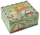 A blue box with a white and red boarder. It showcases a boat in a bottle, a green parrot, and a smug looking sailor. The top of the box reads "The secret revealed. Boat in a Bottle." On the side of the box, there shows a scene of the sailor on a red boat, holding a telescope. There is a seagull in the sky and a fish jumping out of the water. The side of the box reads "Where shall we adventure, to-day that we're afloat."