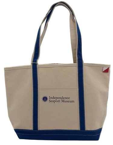 Medium canvas tote with cobalt bottom and straps with logo of Independence Seaport Museum in blue