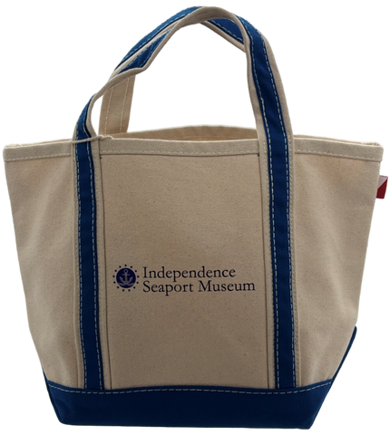 Beige mini tote bag with cobalt accents featuring Independence Seaport Museum logo