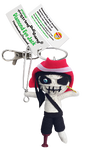 A white string doll with blacked out eyes with a single blue gem in one, a red hat, a skeletal mouth, a black strap over his white chest, black pants, and a red peg leg. He is holding a wire sword. His tag reads that his name is, "Diamond-Eye Jack."