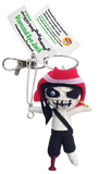 A white string doll with blacked out eyes with a single blue gem in one, a red hat, a skeletal mouth, a black strap over his white chest, black pants, and a red peg leg. He is holding a wire sword. His tag reads that his name is, "Diamond-Eye Jack."