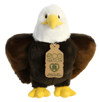 A plush eagle with a white face, yellow beak, yellow and black eyes, a brown body, and yellow feet. It has a tag around its neck that reads, "Eco nation. Made from 100% recycled materials." 