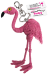 A string doll of a flamingo. It is all pink with a yellow and black eye. Its tag shows that its name is, "Finley."