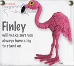 A string doll of a flamingo. It is all pink with a yellow and black eye. There is text on the image that reads, "Finley will make sure you always have a leg to stand on."