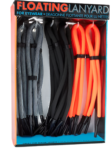 A display stand of lanyards for glasses that float. There is a good set of them that are black and white striped, black, and neon orange. The packaging has text on the top that reads, "Floating lanyard for eyewear." 