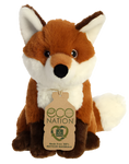 A plush fox. It has white and brown ears, an orange and white head, a brown snout, a white chest, light and dark brown legs and feet, and an orange and white tail. There is a tag around its neck that reads, "Eco nation. Made from 100% recycled materials."