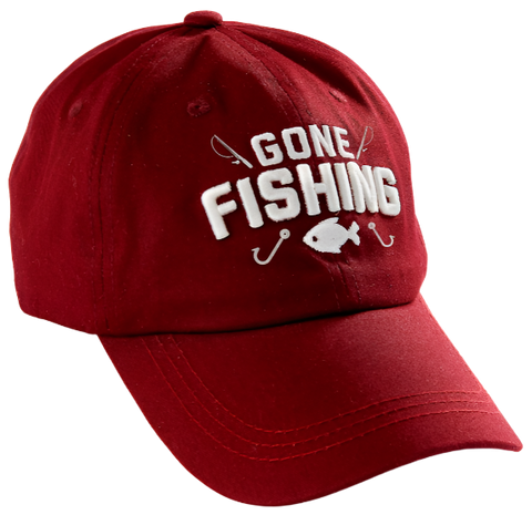 A red hat with white embroidered text that reads, "Gone fishing" surrounded by small fishing rods and fishhooks. Underneath it is a white embroidered fish. 