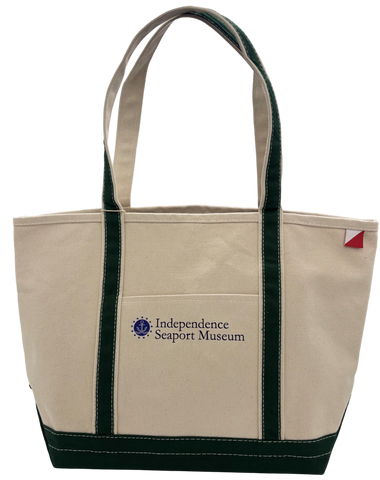 Medium canvas tote with hunter green bottom and straps with logo of Independence Seaport Museum in blue