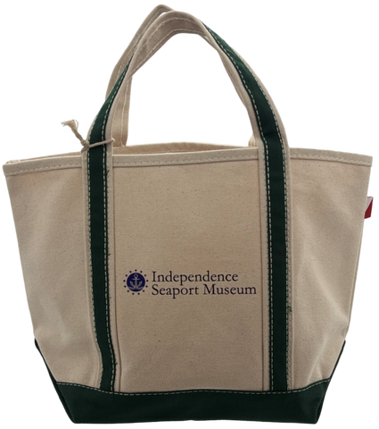 Beige mini tote bag with hunter green accents featuring Independence Seaport Museum logo
