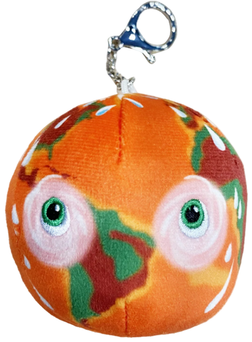 Plush Planet Earth keychain with orange instead of blue to represent climate change. Green eyes.