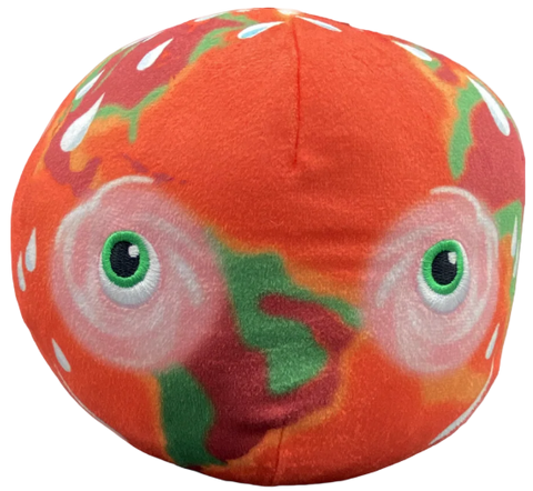 Plush shaped like the planet with map of continents. Orange in place of blue ocean and green eyes.