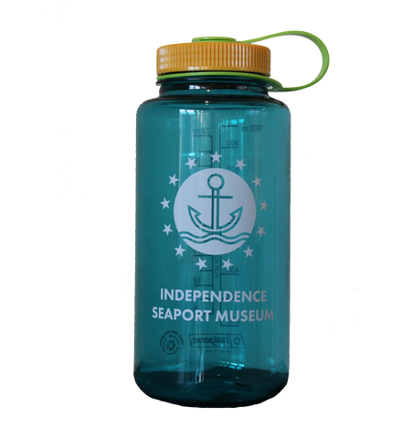 A light blue water bottle with a yellow cap. The water bottle has the ISM logo on it, which is an anchor sitting on a wave encompassed by a circle that is surrounded by stars. Underneath the logo, there is text that reads, "Independence Seaport Museum." 