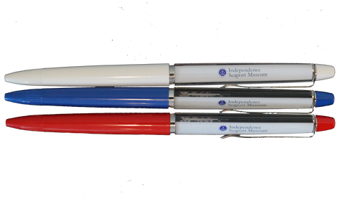 Three pens next to each other. The bases of each individually are white, blue, and red. Each has a floating logo that says "Independence Seaport Museum" with a small anchor in a circle surrounded by stars next to it.