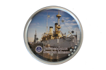 A pocket puzzle that shows an image of the Cruiser Olympia on it, along with text that says, "Independence Seaport Museum. Philadelphia, PA," along with the ISM logo, which is an anchor floating on some waves encompassed in a circle and surrounded by stars. There are five balls that you have to get into five holes on the image of Olympia. 