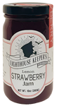 A jar of lemon strawberry jam. There is a label on the jar that is white, depicting the silhouette of a sailor's head smoking a pipe while two birds fly over him. There is an illustrated banner with text that reads, "Lighthouse Keeper's," and underneath it there is more text that says, "Lemon strawberry jam."