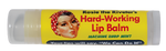 Rosie the Riveter themed lip balm. There's a picture of Rosie's face off to the side, where she has her iconic red and white polka-dotted headband on, along with pale skin and brown hair. There is text next to the face that says, "Rosie the Riveter's Hard-Working Lip Balm. Machine Shop Mint. Your lips will say, 'We Can Do It!'"