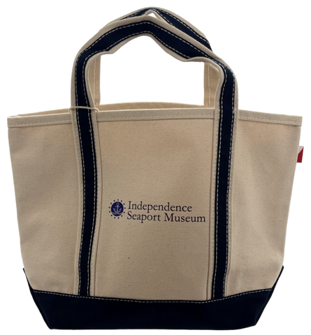 Beige mini tote bag with navy accents featuring Independence Seaport Museum logo