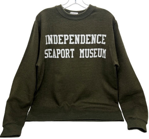 Army green crewneck sweater with the words INDEPENDENCE SEAPORT MUSEUM in white