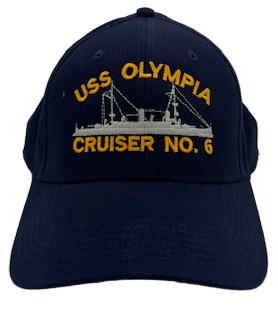 Navy blue cap with 'USS Olympia Cruiser No. 6' text and ship emblem on a white background