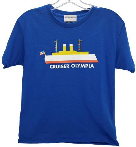 Royal blue youth t-shirt with image of Cruiser Olympia