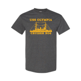 A dark heather gray crewneck t-shirt featuring a yellow graphic print of the USS Olympia Cruiser No. 6 ship with text above and below the illustration