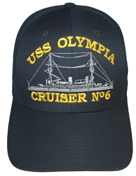 A dark blue hat with an embroidered image of the USS Olympia with yellow embroidered text that says "USS Olympia Cruiser No6."