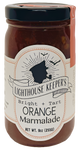 A jar of orange marmalade. The jar has a white label on it with the silhouette of a sailor's face who is smoking a cigar. Around him are two birds. There is an illustrated banner underneath him that says, "Lighthouse Keeper's." Underneath that, it says, "Bright + Tart orange marmalade." 