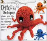 Three variations of a string doll octopus. He is shown in red, orange, and blue with black and white eyes. Text on the side reads, "Otto the octopus gives you the dexterity to become a master of your craft." 