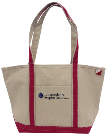 Medium canvas tote with pink bottom and straps with logo of Independence Seaport Museum in blue
