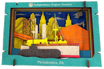 Pop-up cityscape model of Philadelphia with colorful buildings and a ship, featuring 'Independence Seaport Museum' branding.