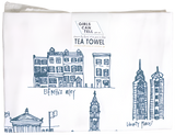 A tea towel with different illustrated Philadelphia specific landmarks. We can see Elfreth's alley and Liberty place from how the tea towel is folded. It is done in a sketchy style in blue. 