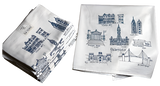 A tea towel with different illustrated Philadelphia specific landmarks. It is done in a sketchy style in blue. 