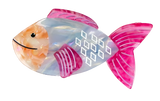 A claw clip of a fish. The fish has a blue and grey body with a marbled orange face and a marbled pink tail with light pink stripes. It also has pink fins with light pink stripes. There are white diamond shapes on its body that resemble scales. 