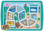 A kid's dinner tray that features various pirate-themed sections where food can be placed. This includes a pirate map, stormy skies, a compass, waves, a shovel digging treasure, and a skull and crossbones. The background of the tray is a beach with a pirate, crabs, and a pirate ship in the distance, along with some sea creatures like an octopus and a shark. 