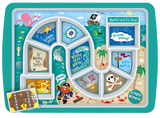 A kid's dinner tray that features various pirate-themed sections where food can be placed. This includes a pirate map, stormy skies, a compass, waves, a shovel digging treasure, and a skull and crossbones. The background of the tray is a beach with a pirate, crabs, and a pirate ship in the distance, along with some sea creatures like an octopus and a shark. 