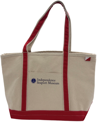Medium canvas tote with red bottom and straps with logo of Independence Seaport Museum in blue