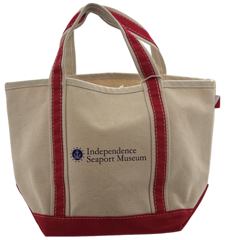 Beige mini tote bag with red accents featuring Independence Seaport Museum logo
