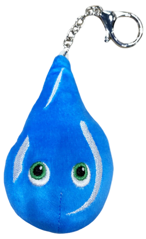Blue plush keychain shaped like a water droplet with green eyes 