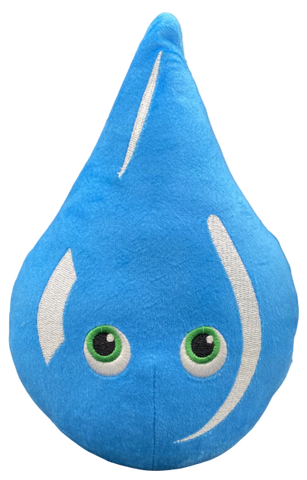 Blue plush in the shape of a rain drop with green eyes